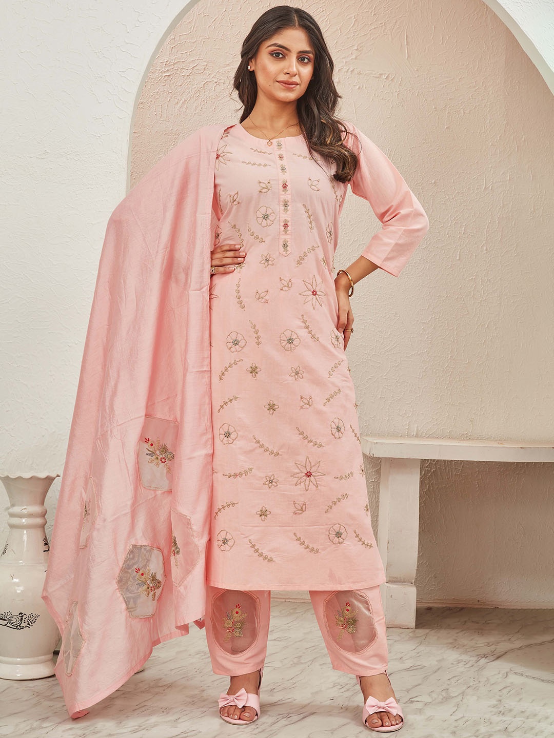 

TWINS LADY Floral Embroidered Beads and Stones Straight Kurta with Trousers & Dupatta, Pink