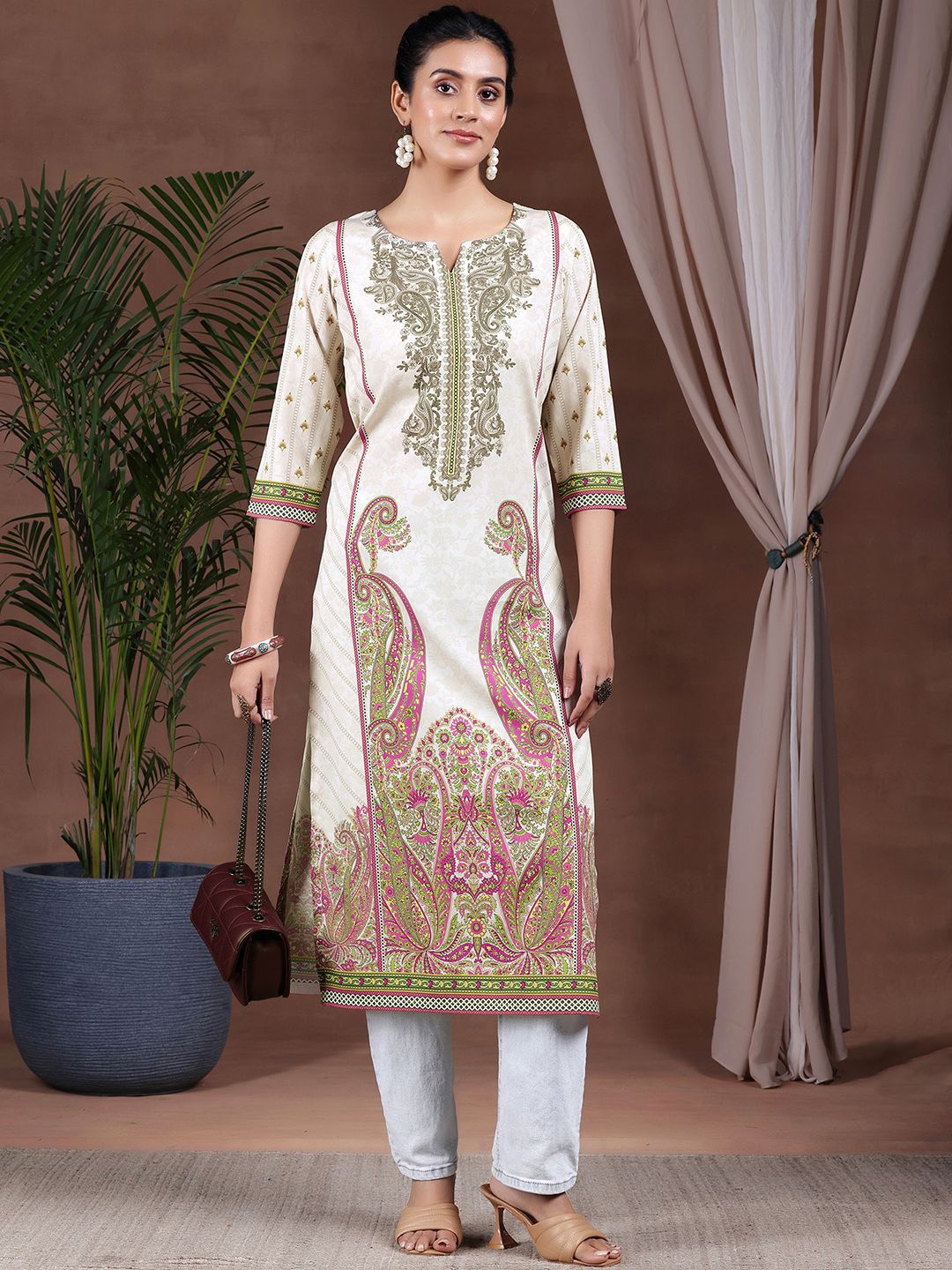 

Libas Floral Printed Notch Neck Crepe Straight Kurta, Beige