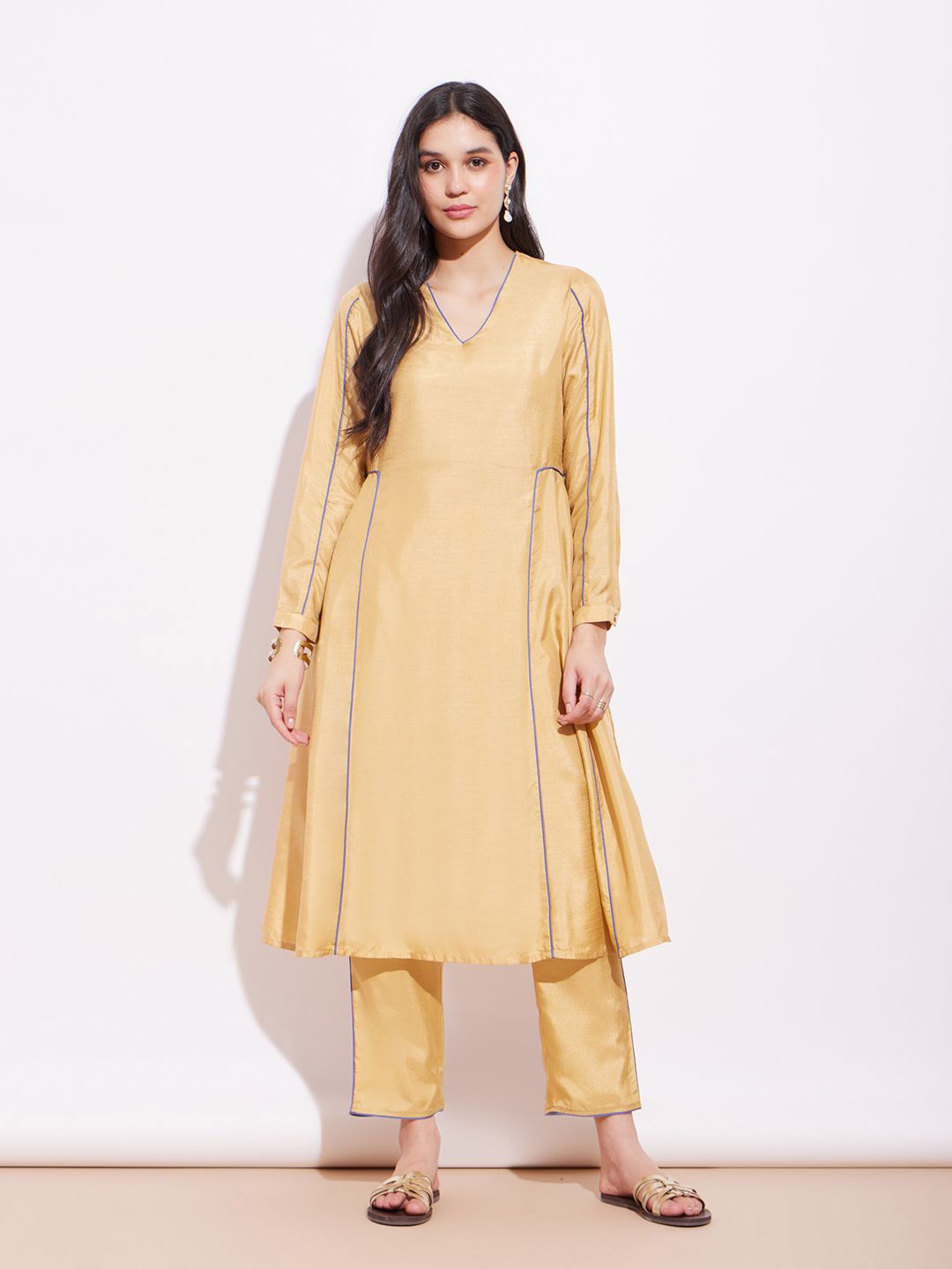 

Pink Fort V-Neck Cuffed Sleeves A-Line Kurta With Trousers, Beige