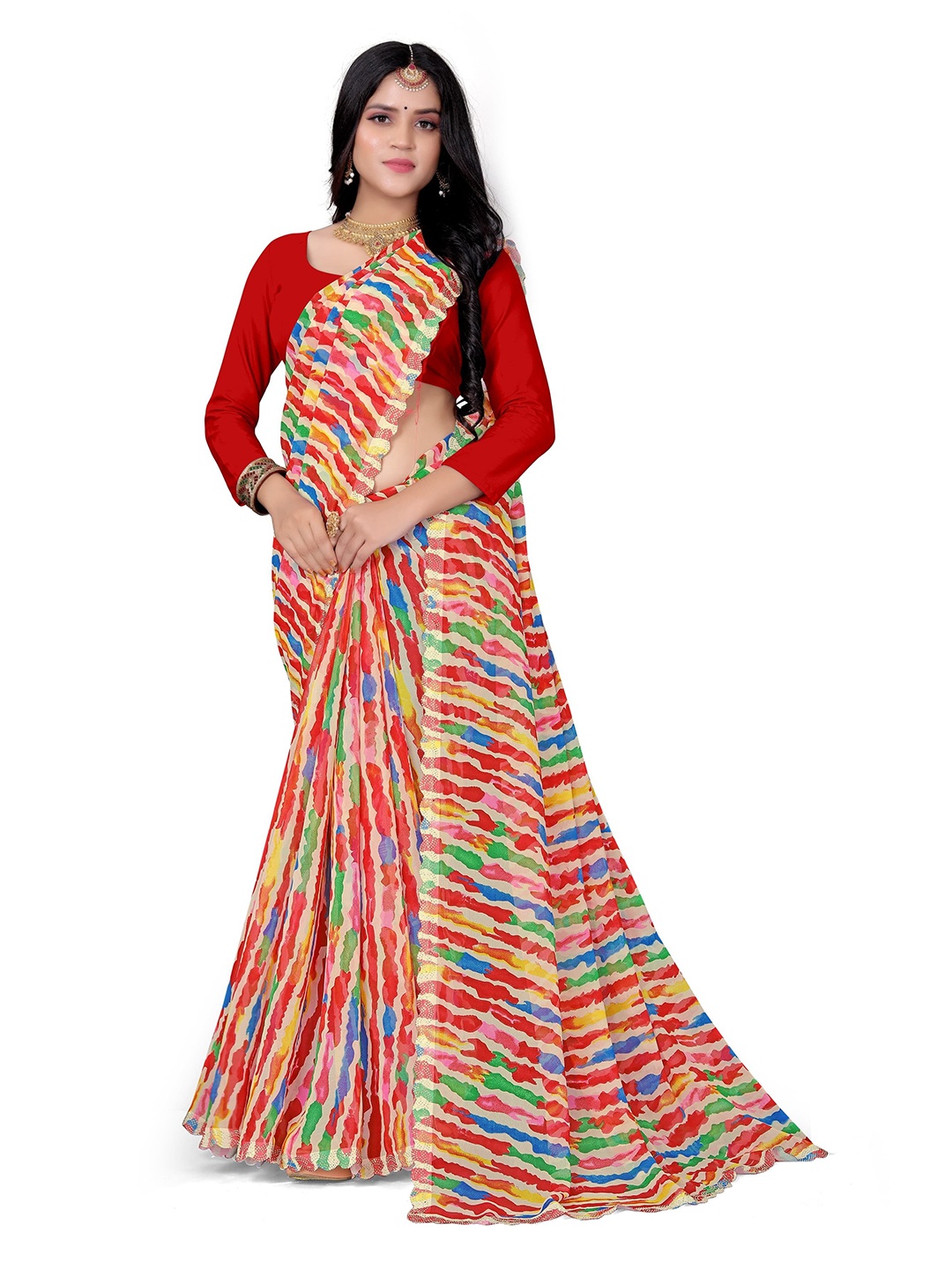 

Pemal Designer Leheriya Beads and Stones Pure Georgette Saree, Red