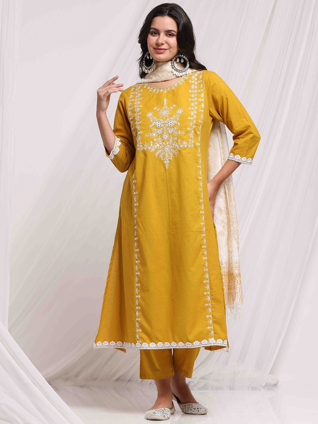 

Anouk Mustrad Yellow Floral Embroidered Pure Cotton Kurta With Trousers & Dupatta, Mustard