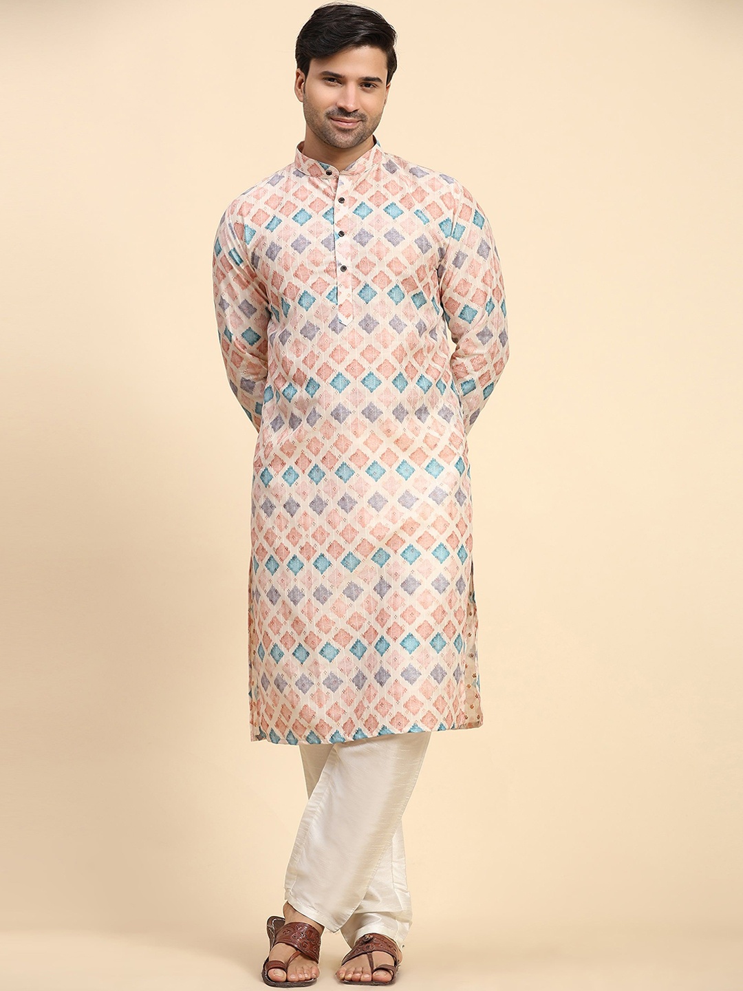 

Rawayi Geometric Printed Band Collar Cotton Straight Kurta, White