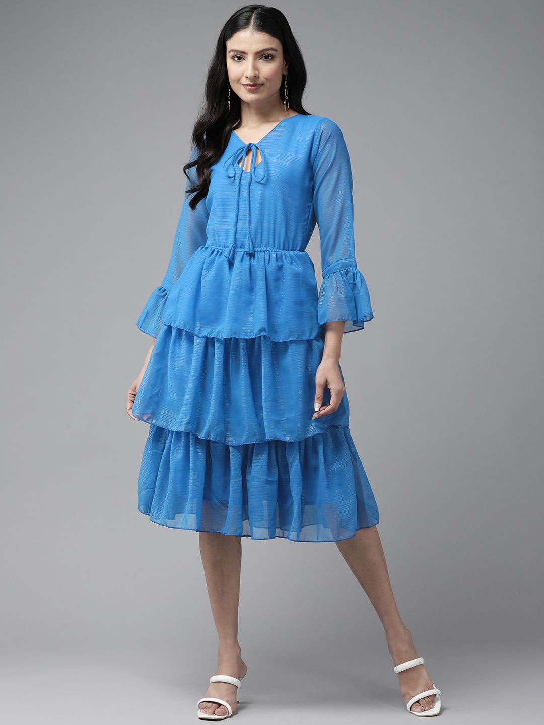 

BAESD Solid Tie-Up Neck Bell Sleeve Fit & Flare Dress, Blue