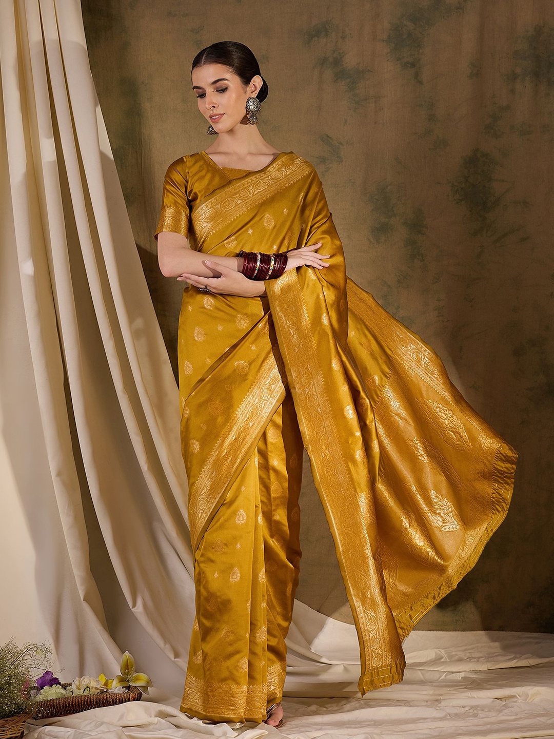 

SHADOW & SAINING Woven Design Zari Kanjeevaram Saree, Mustard