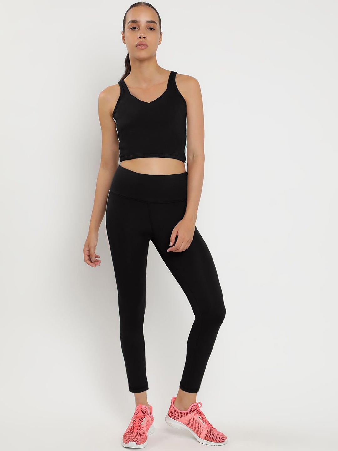 

Wearjukebox V Neck Sleeveless Sports Top With Tights, Black