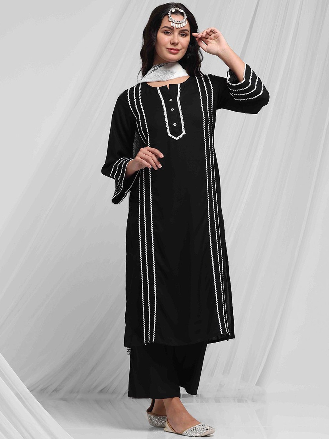 

Anouk Black Striped Gotta Patti A-Line Kurta with Palazzos & With Dupatta