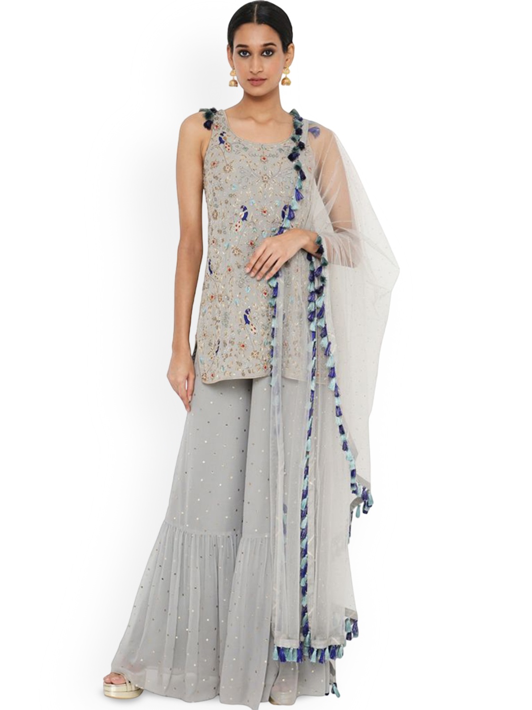 

Payal Singhal Ethnic Motifs Embroidered Round Neck Georgette Kurti with Sharara & Dupatta, Grey