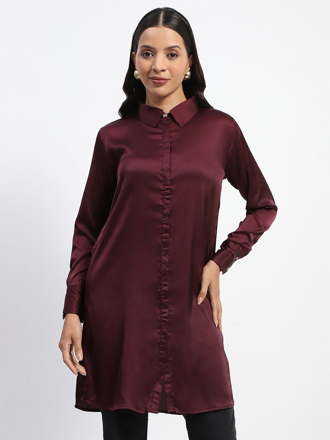 

Madame Women Spread Collar Solid Casual Shirt, Maroon