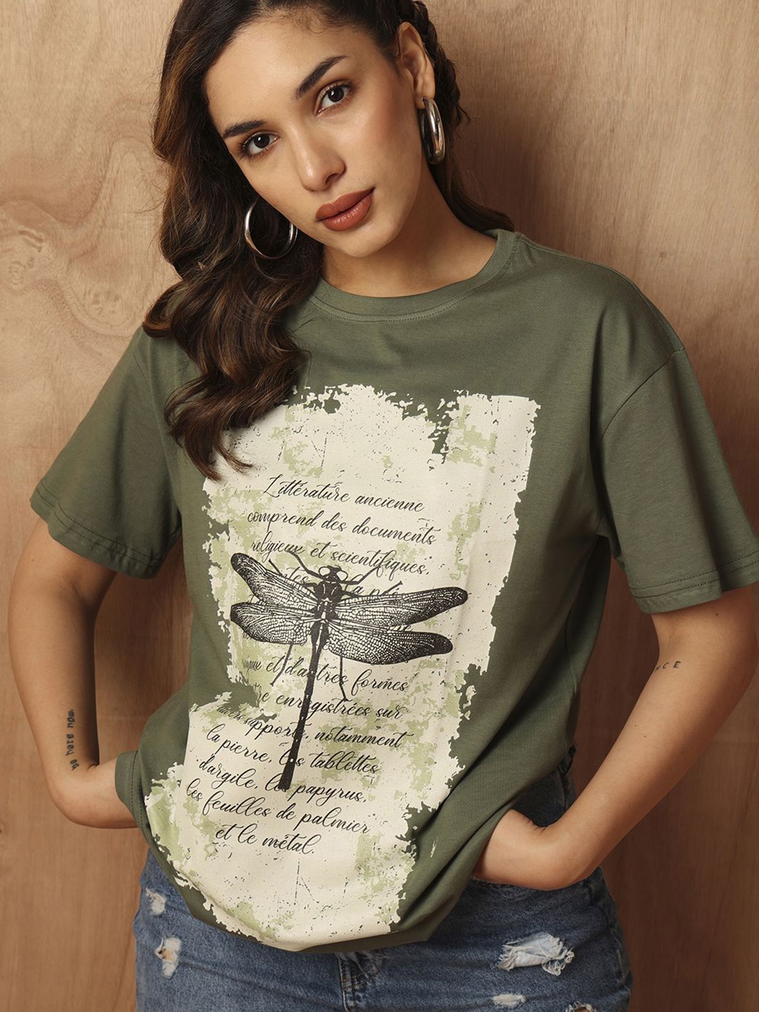 

The Roadster Lifestyle Co. Women Graphic Printed Round Neck Cotton Oversized T-Shirt, Olive