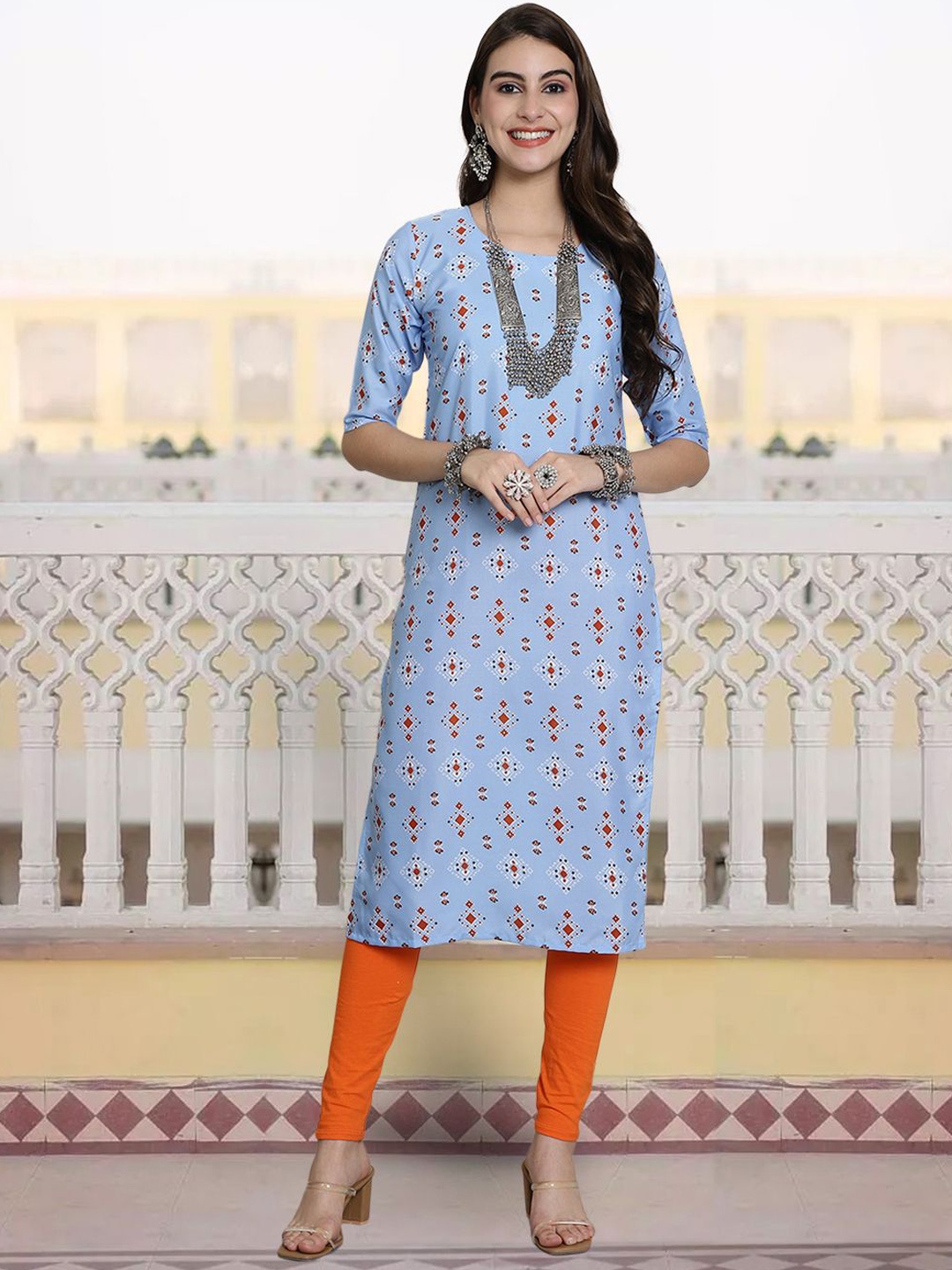 

7Threads Geometric Printed Straight Kurta, Blue