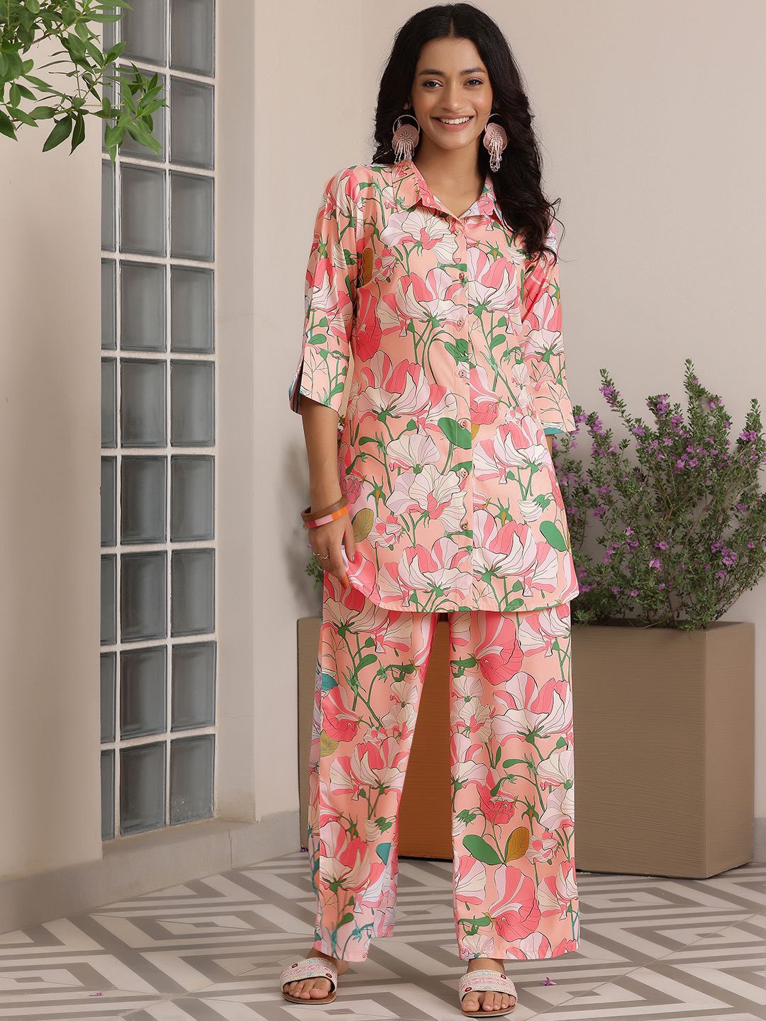 

Libas Floral Printed Shirt With Palazzos, Peach