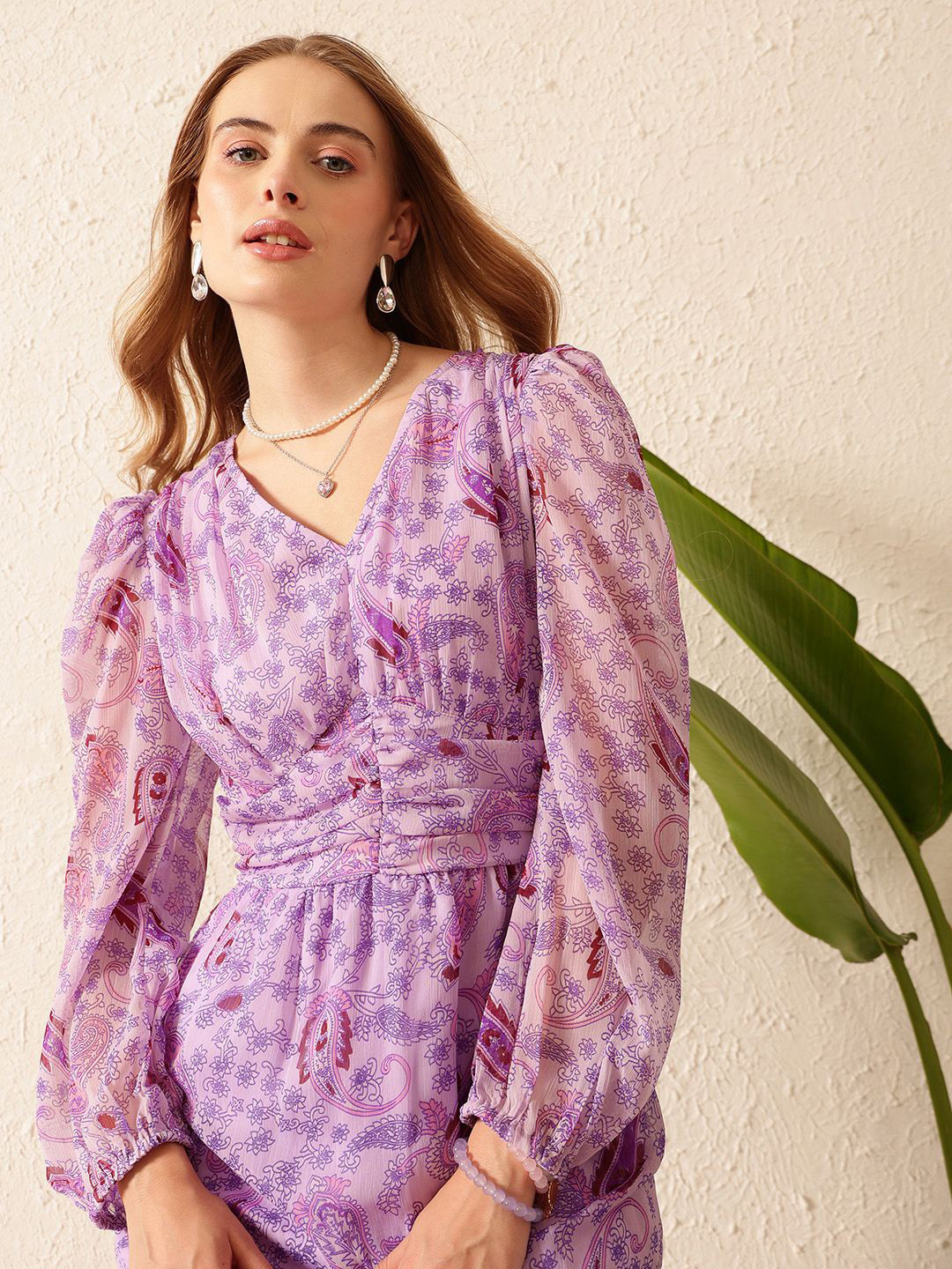 

STREET 9 Ethnic Motifs Print Puff Sleeve Chiffon Fit & Flare Dress, Lavender