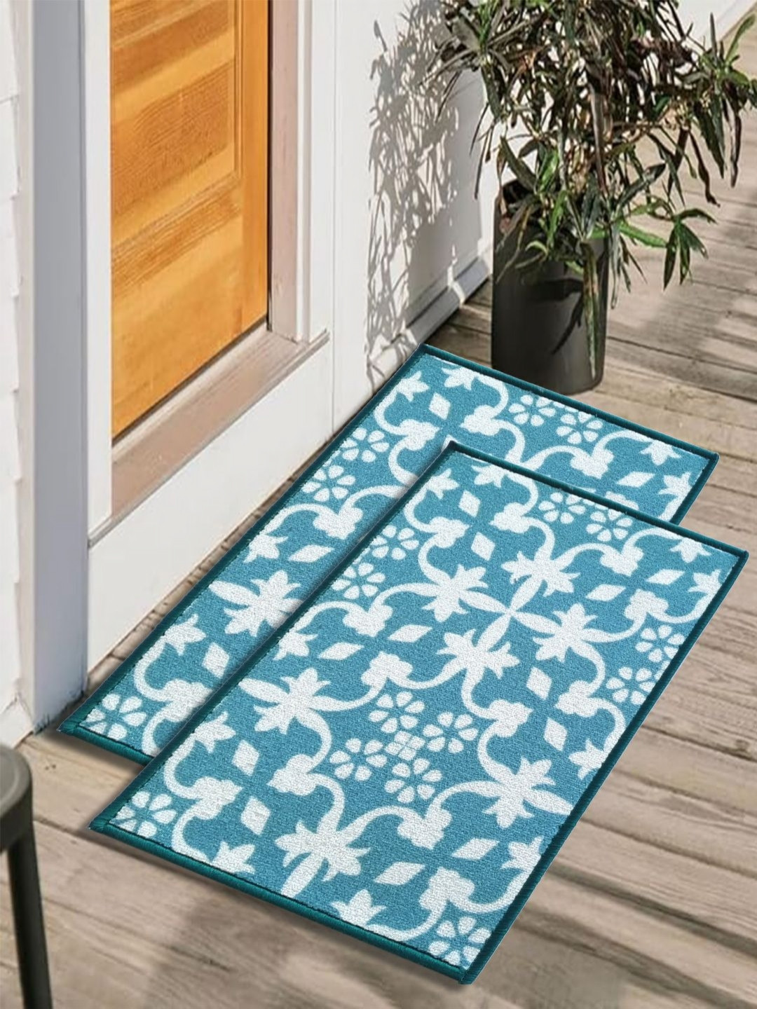

Matz and More 2 Pieces Turquoise Blue & White Floral Printed Anti-Skid Doormats