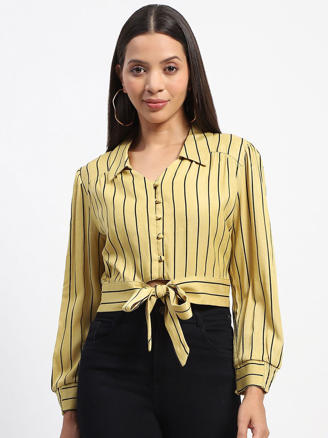 

Madame Women Spread Collar Striped Casual Shirt, Yellow