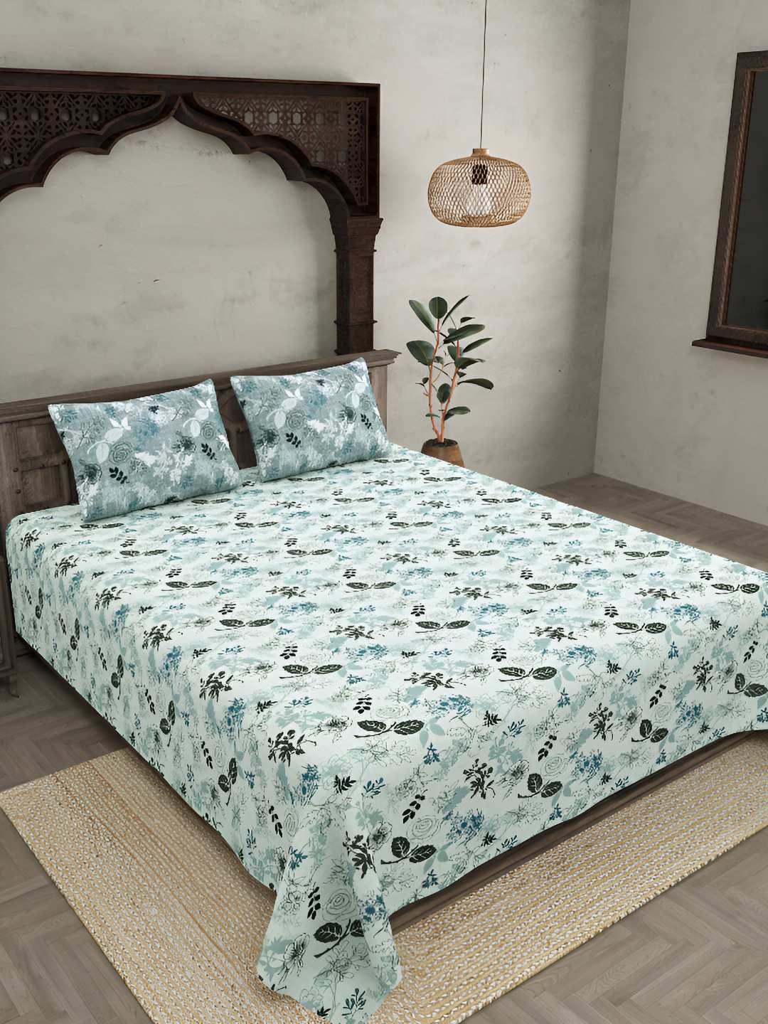 

BED-SHEET.COM Green Floral 280 TC Pure Cotton King Bedsheet & 2 Pillow Covers
