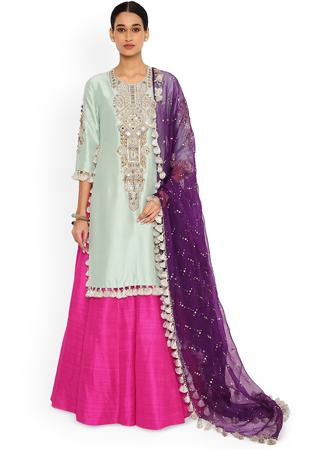 

Payal Singhal Ethnic Motifs Embroidered Gotta Patti Kurta with Skirt & Dupatta, Blue
