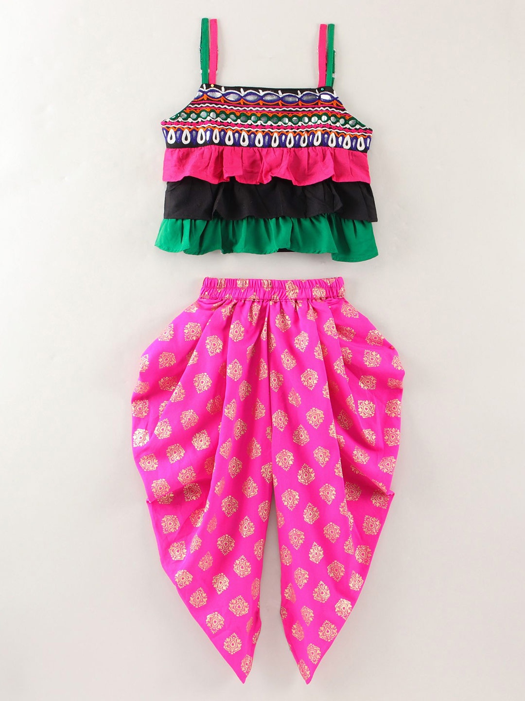 

Twisha Girls Embroidered Layered Shoulder Straps Top with Dhoti Pants, Pink