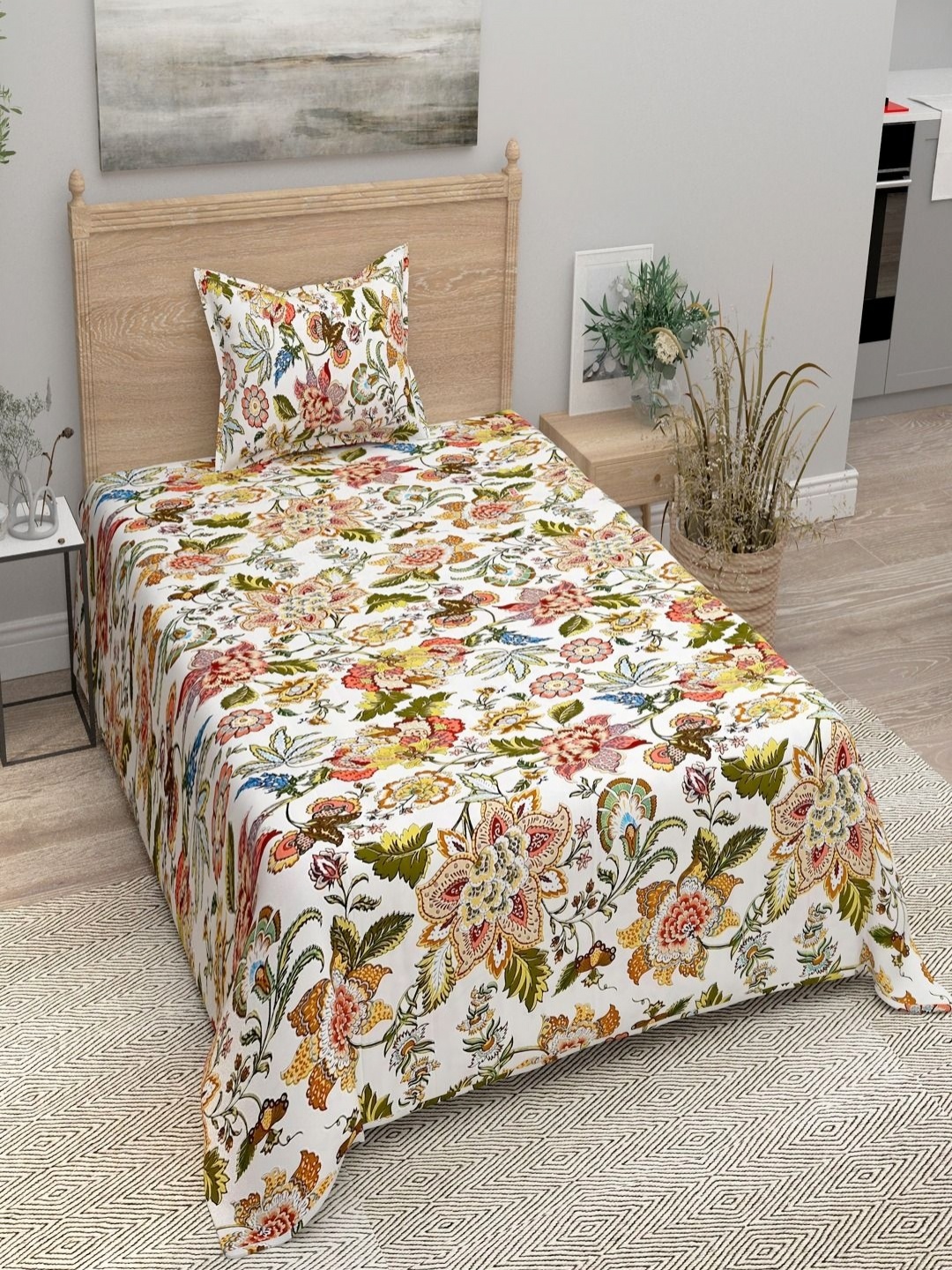 

Bombay Spreads White Floral 144 TC Pure Cotton Single Bedsheet with 1 Pillow Cover