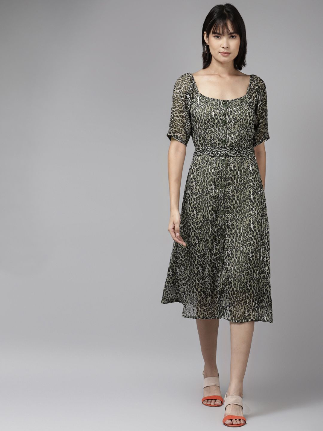

BAESD Animal Print Georgette Fit & Flare Maxi Dress, Olive