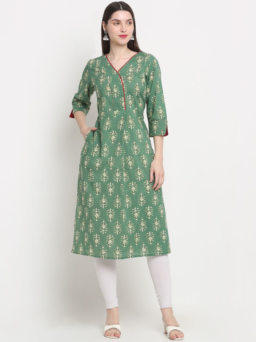 

KALINI Floral Printed V-Neck Cotton Straight Kurta, Green