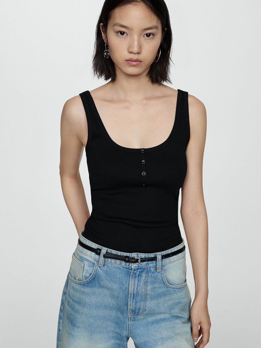 

MANGO Ribbed Cotton Top, Black