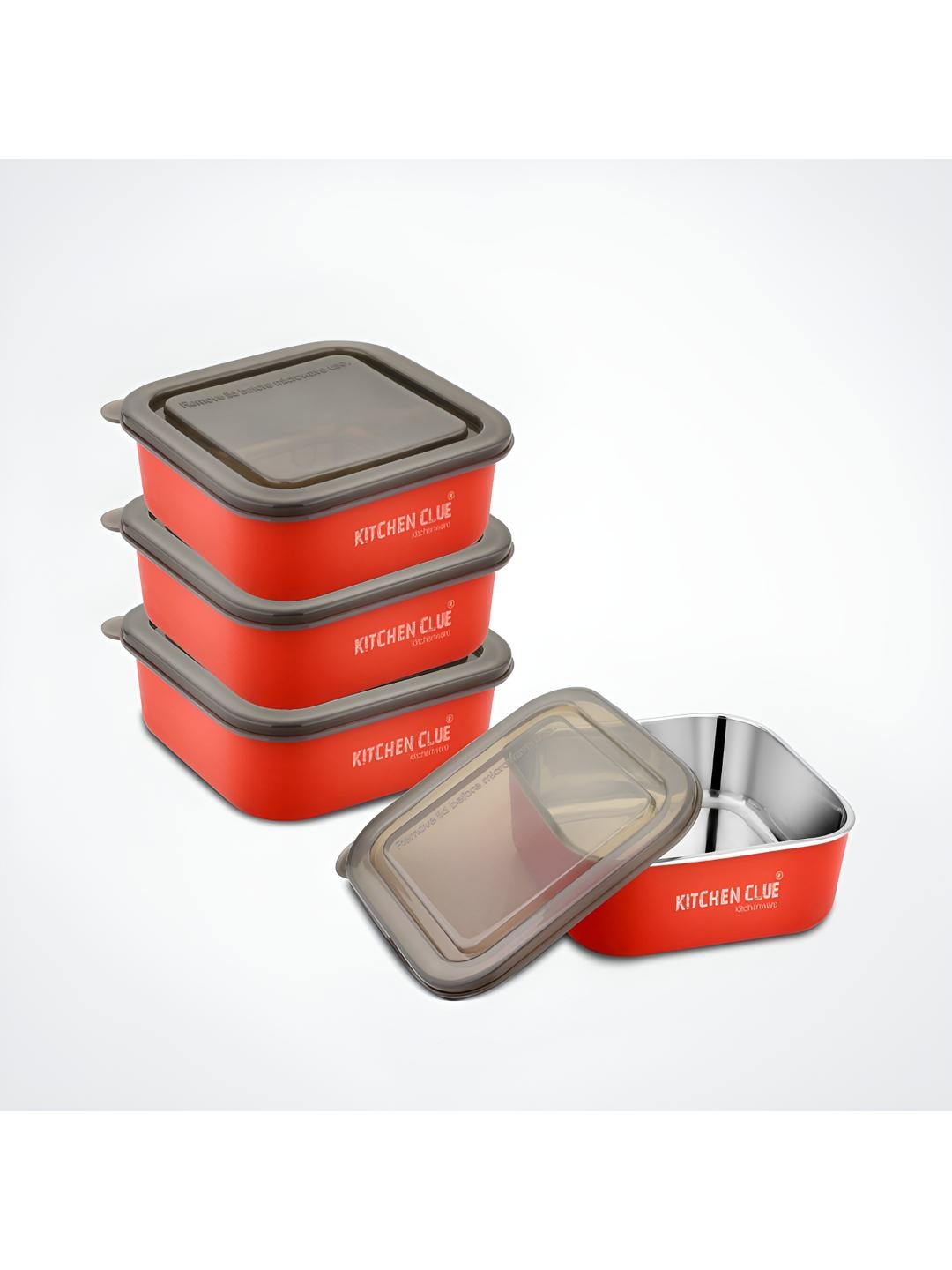 

KITCHEN CLUE Red & Grey 4 Pieces Stainless Steel Lunch Boxes 600ml Each