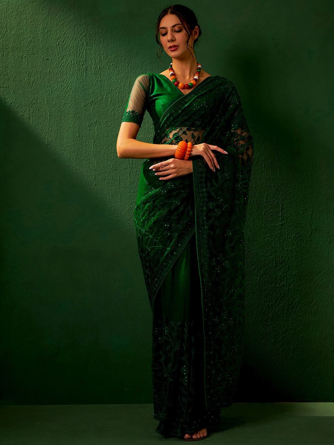 

SHADOW & SAINING Embroidered Floral Beads and Stones Net Saree, Teal