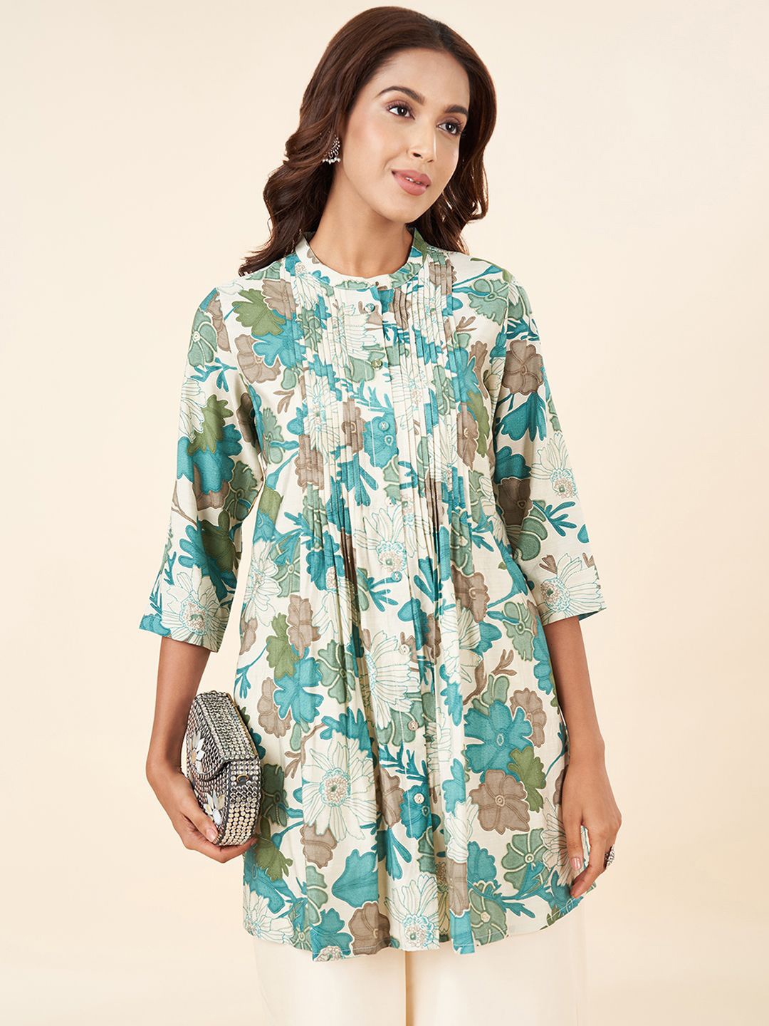 

RANGMANCH BY PANTALOONS Mandarin Collar Printed Tunic, Turquoise blue