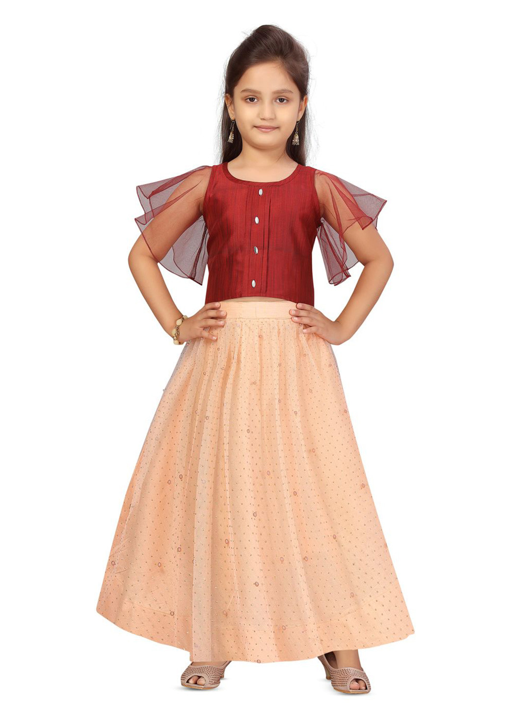 

BAESD Girls Round Neck Net Top With Skirt, Maroon