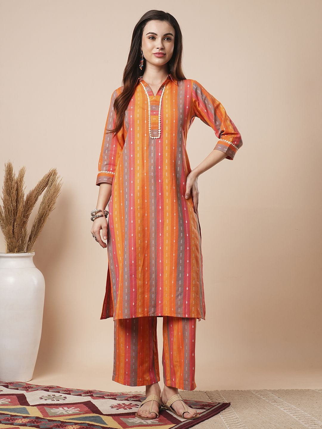 

Globus Regular Pure Cotton Kurta with Trousers, Orange