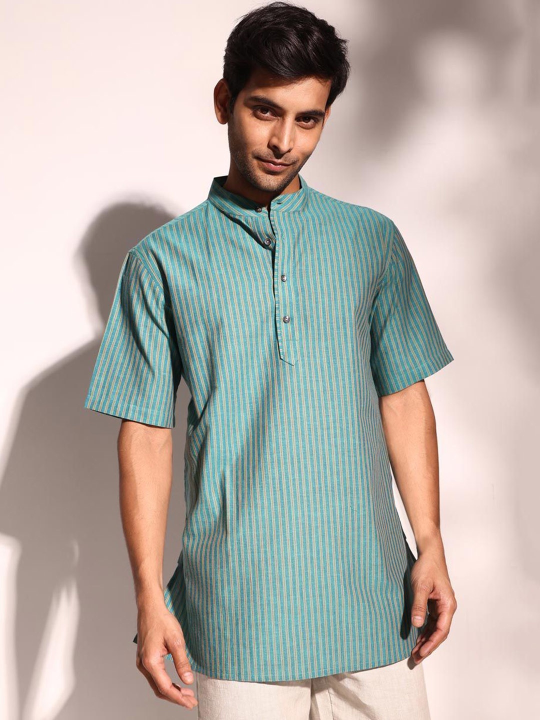 

Fabindia Striped Band Collar Pure Cotton Straight Kurta, Green