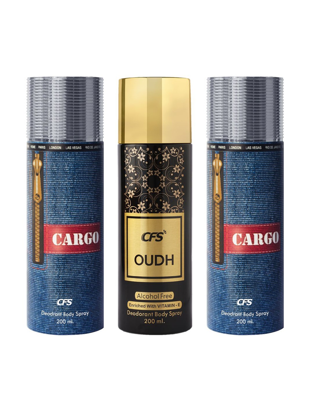 

CFS Set Of 3 Fine Fragrances Deodorant Body Spray- Cargo- Oudh- 200ML Each, Black