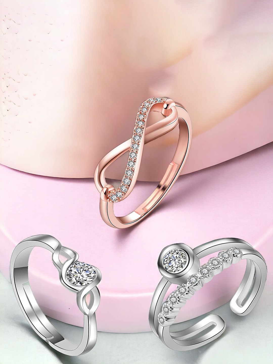 

Okos Set Of 3 Cubic Zirconia Studded Adjustable Finger Rings, Rose gold