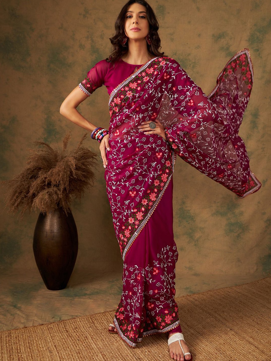 

SHADOW & SAINING Floral Beads and Stones Organza Saree, Purple