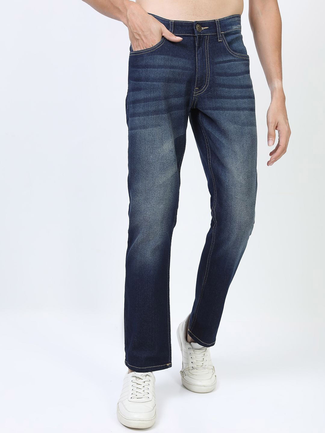 

HIGHLANDER Men Straight Fit Low Distress Light Fade Stretchable Jeans, Blue