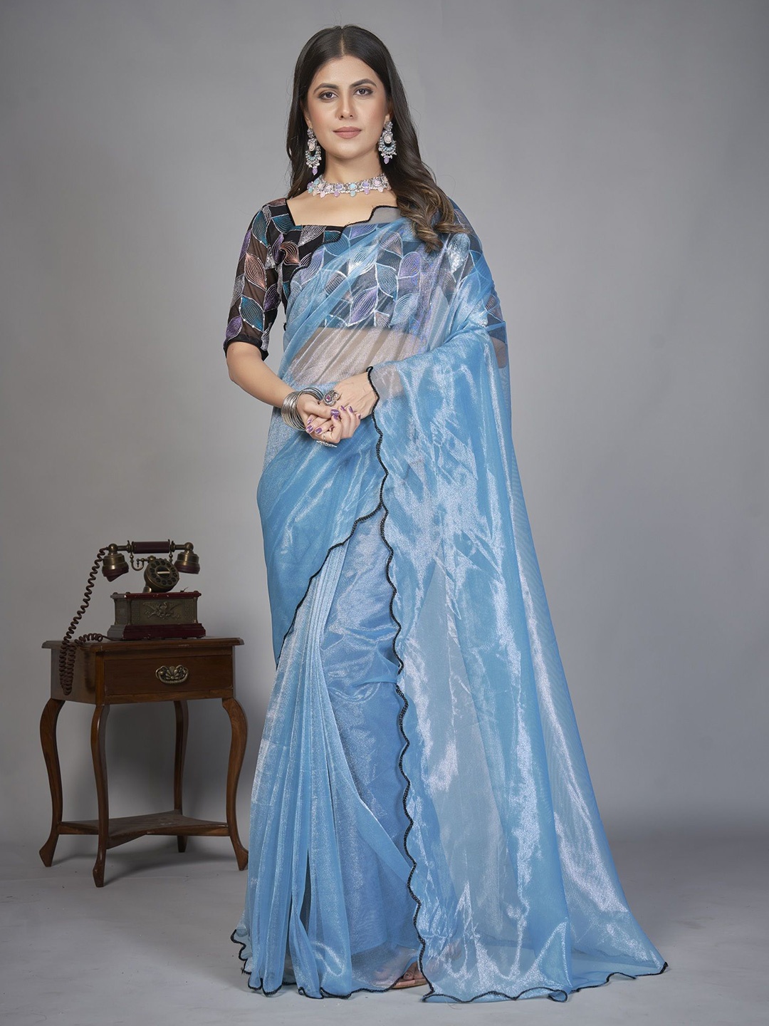 

LADY SHOPI Embroidered Organza Solid Saree, Teal