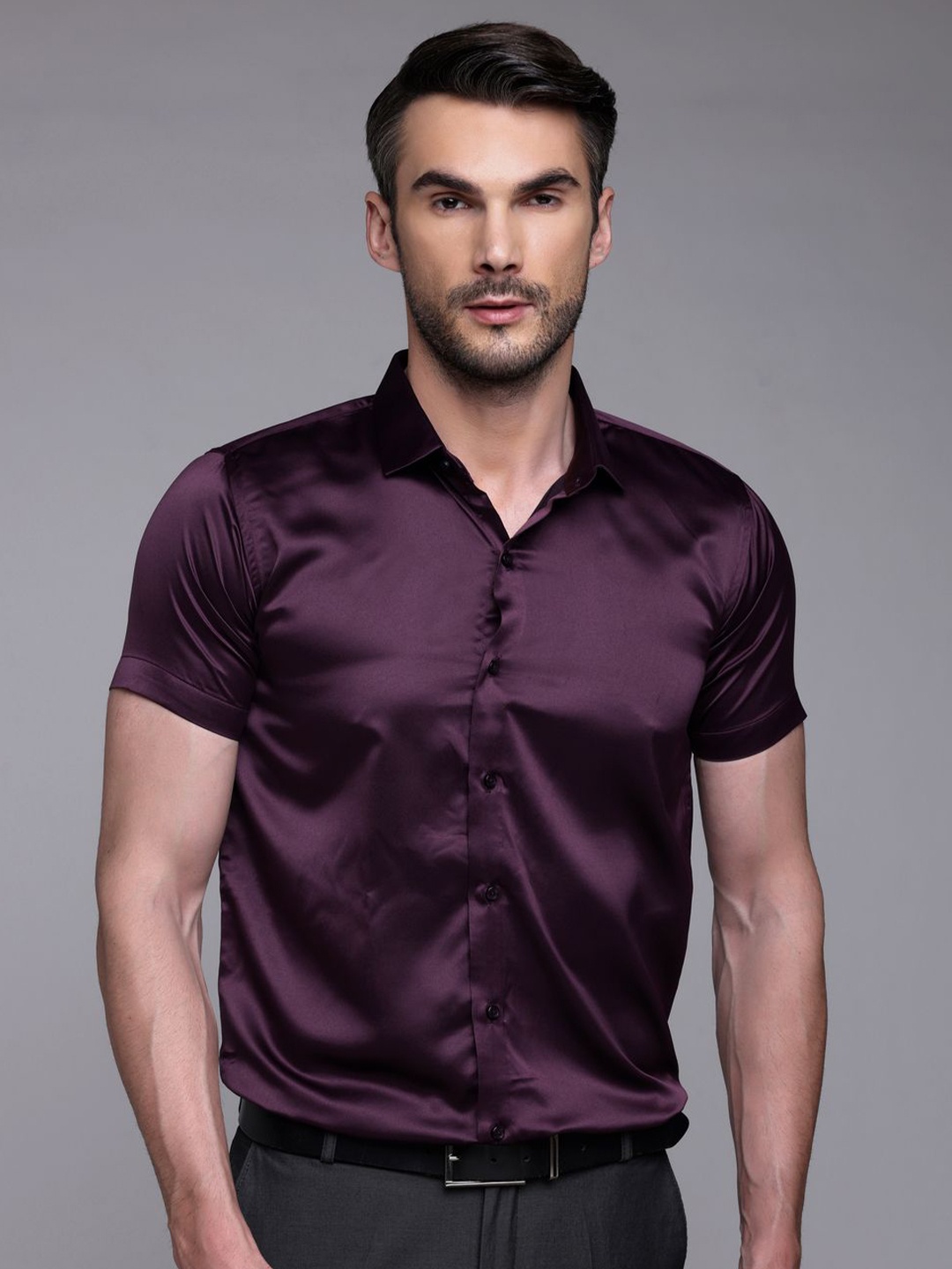 

FILO HEVIS Men Classic Spread Collar Solid Half Formal Shirt, Purple