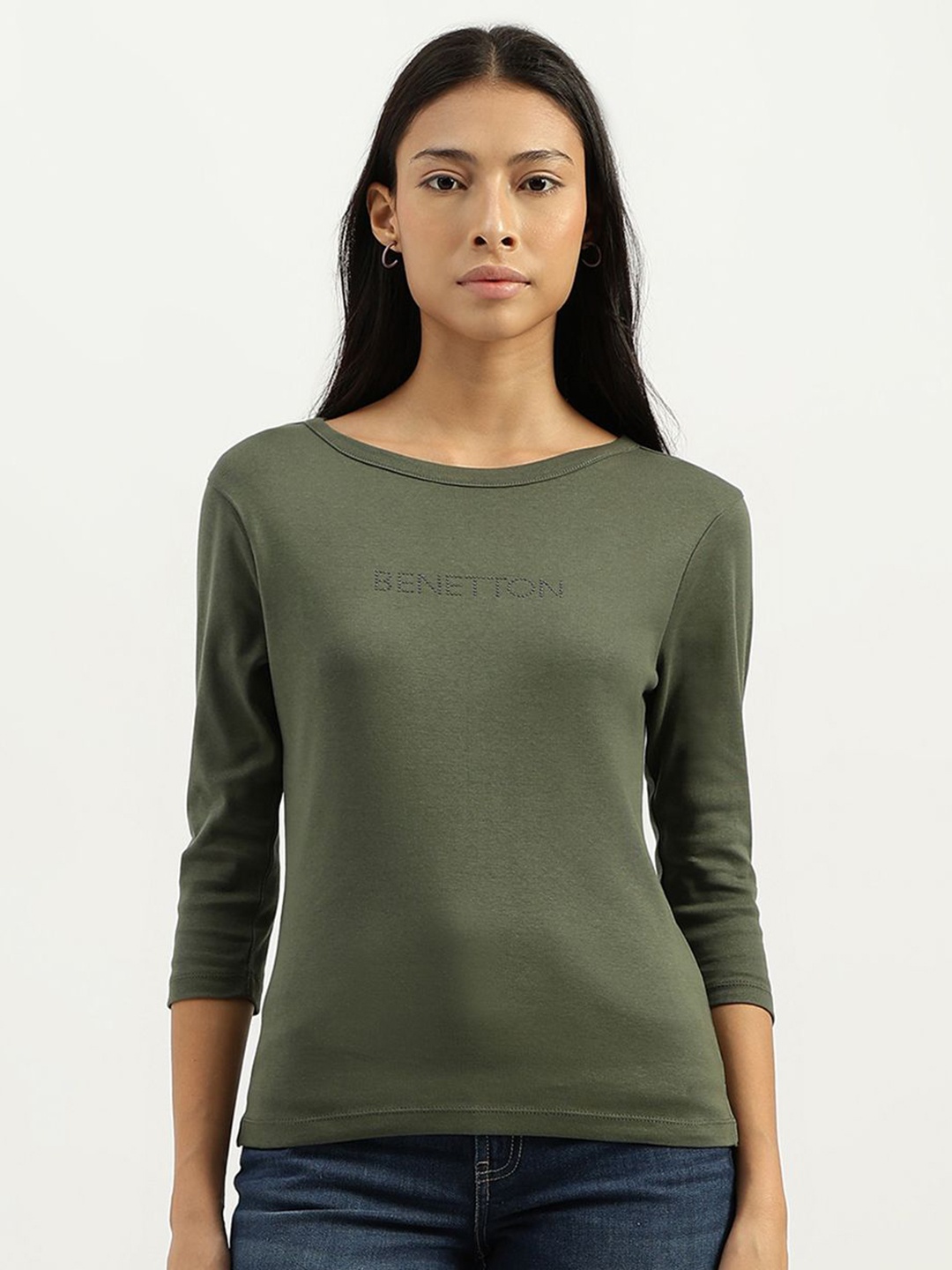 

United Colors of Benetton Women Graphic Printed Round Neck Pure Cotton T-Shirt, Green