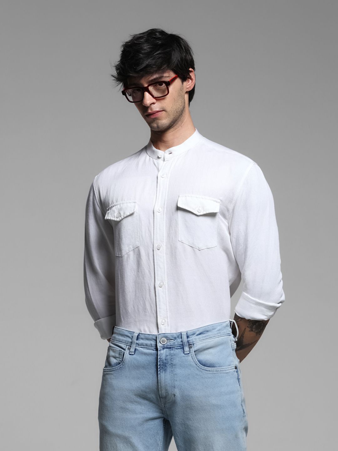 

Jack & Jones Men Band Collar Solid Casual Shirt, White