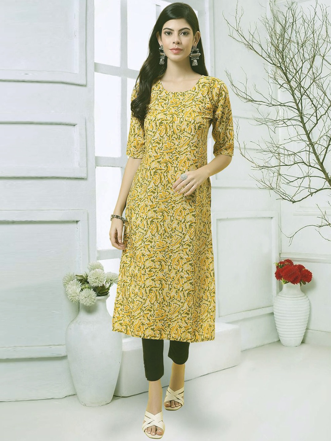 

7Threads Abstract Printed Round Neck Straight Kurta, Green