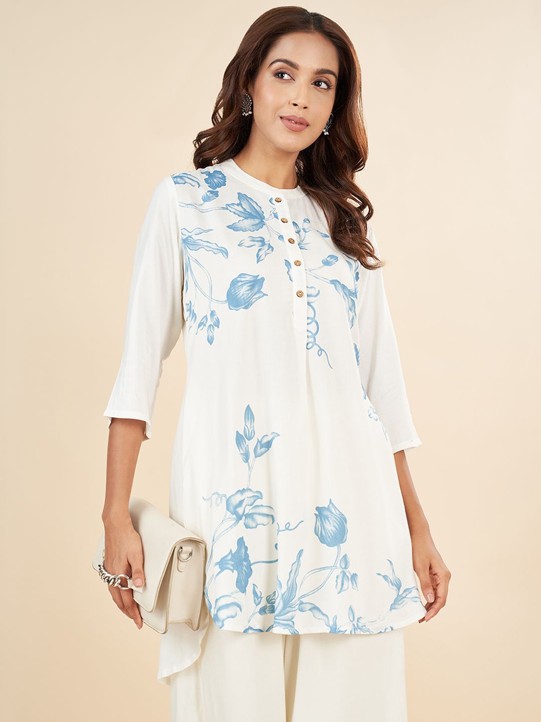 

RANGMANCH BY PANTALOONS Mandarin Collar Printed Tunic, Blue