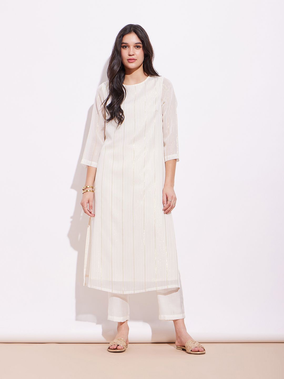 

Pink Fort Striped Straight Kurta with Trousers, Off white