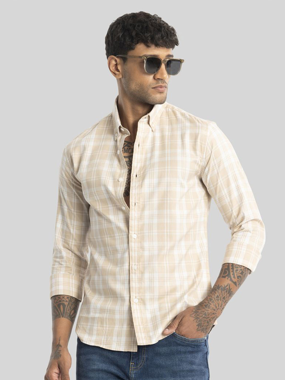 

Snitch Men Smart Slim Fit Opaque Checked Casual Pure Cotton Shirt, Cream