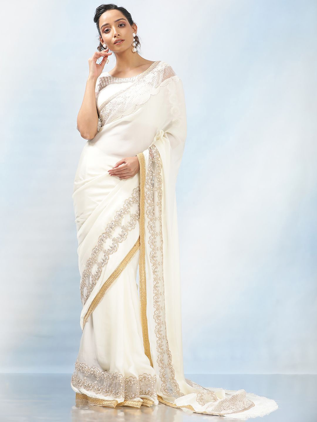 

MAHALASA Ethnic Motifs Embroidered Satin Heavy Work Saree, White