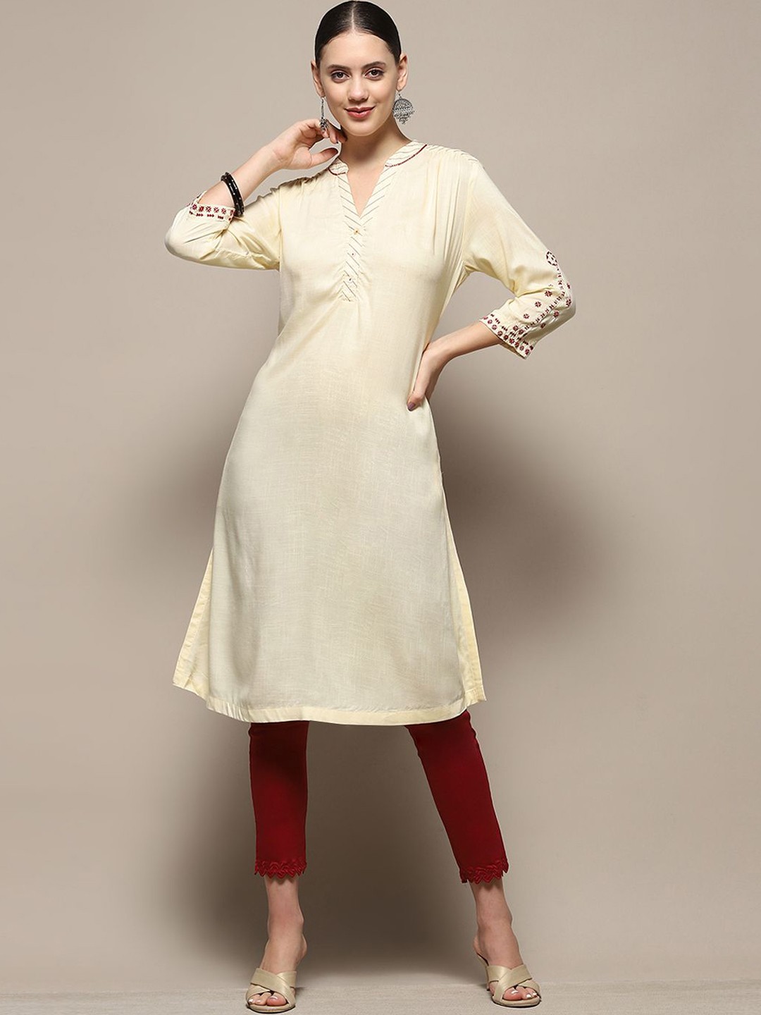 

Biba Mandarin Collar Silk Straight Kurta, White