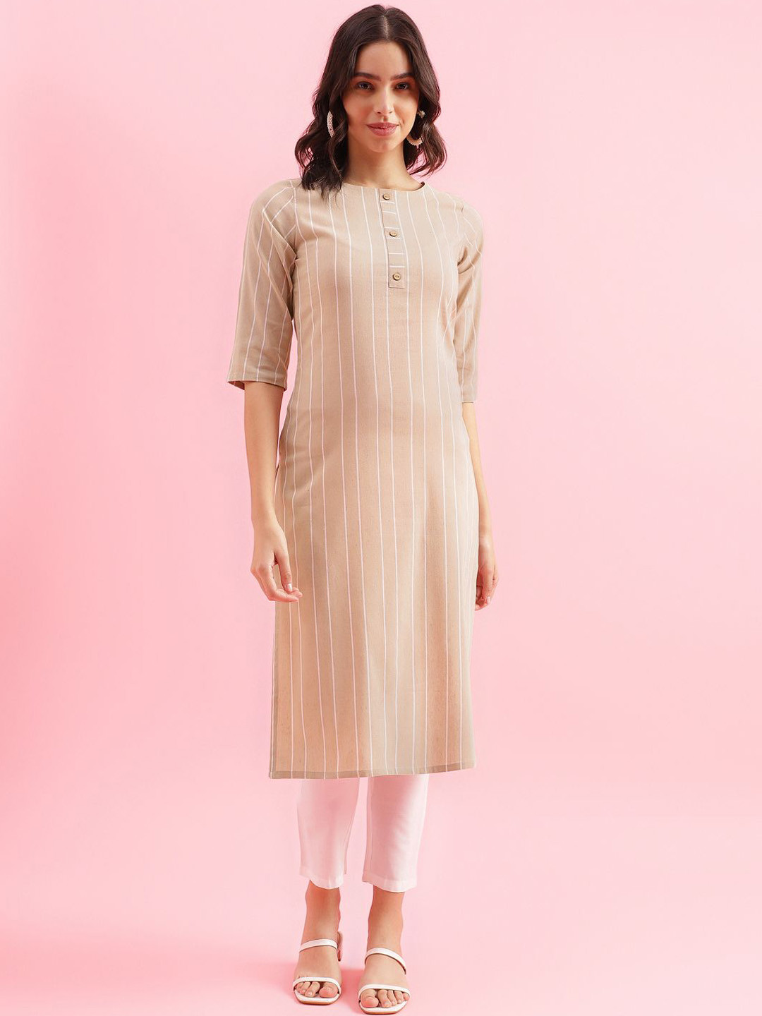

KALINI Stripes Printed Straight Kurta, Beige