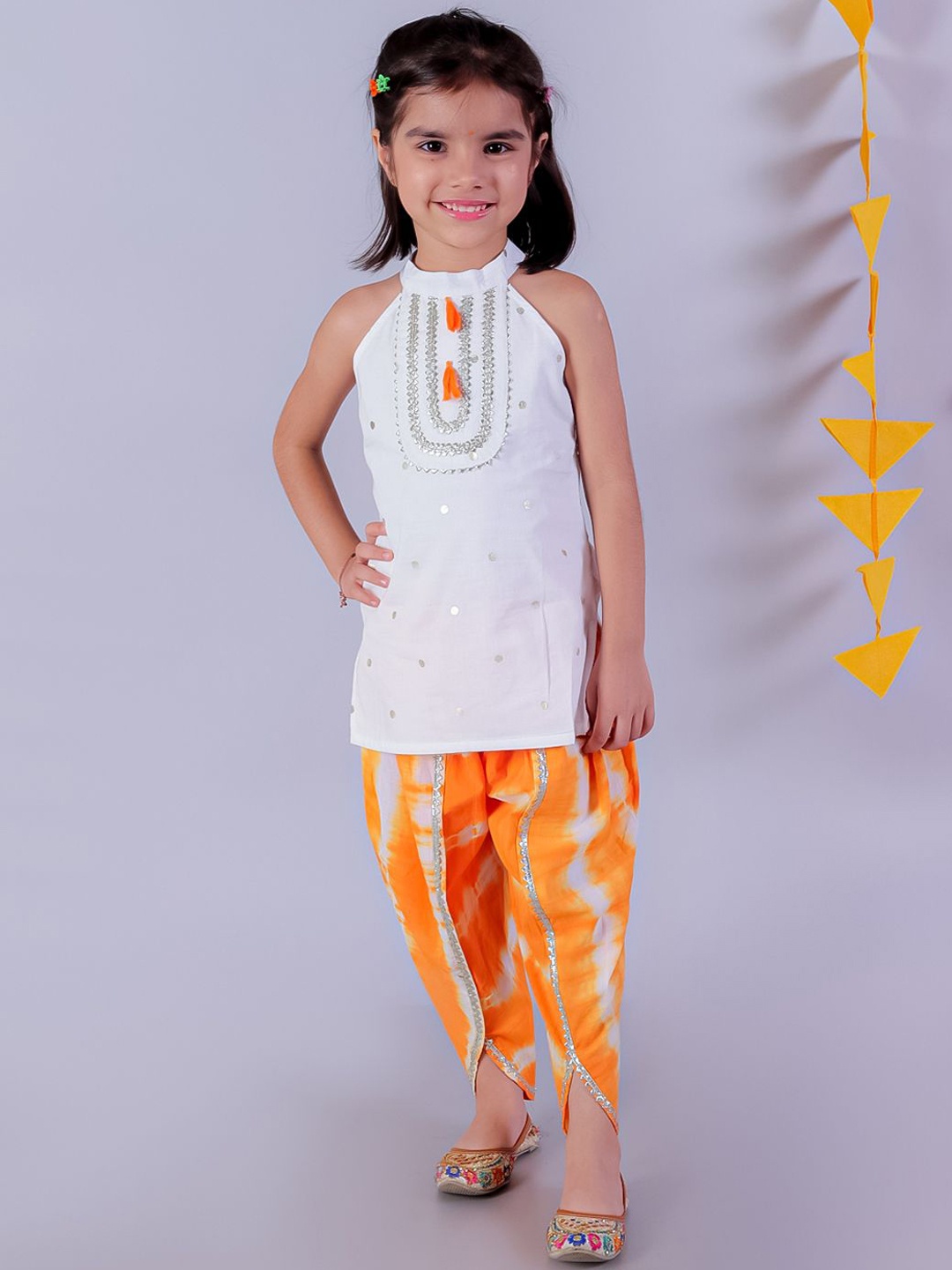 

LIL DRAMA Girls Embroidered Gotta Patti Pure Cotton Straight Kurta With Dhoti Pant, Orange