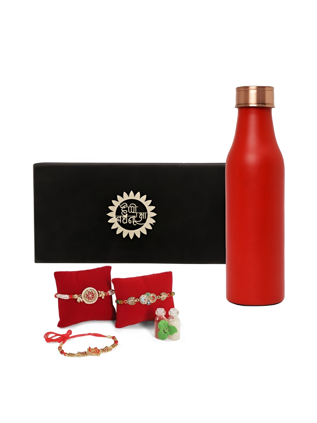 

INTERNATIONAL GIFT Set Of 4 Rakhis With Copper Water Bottle & Roli Chawal, Red