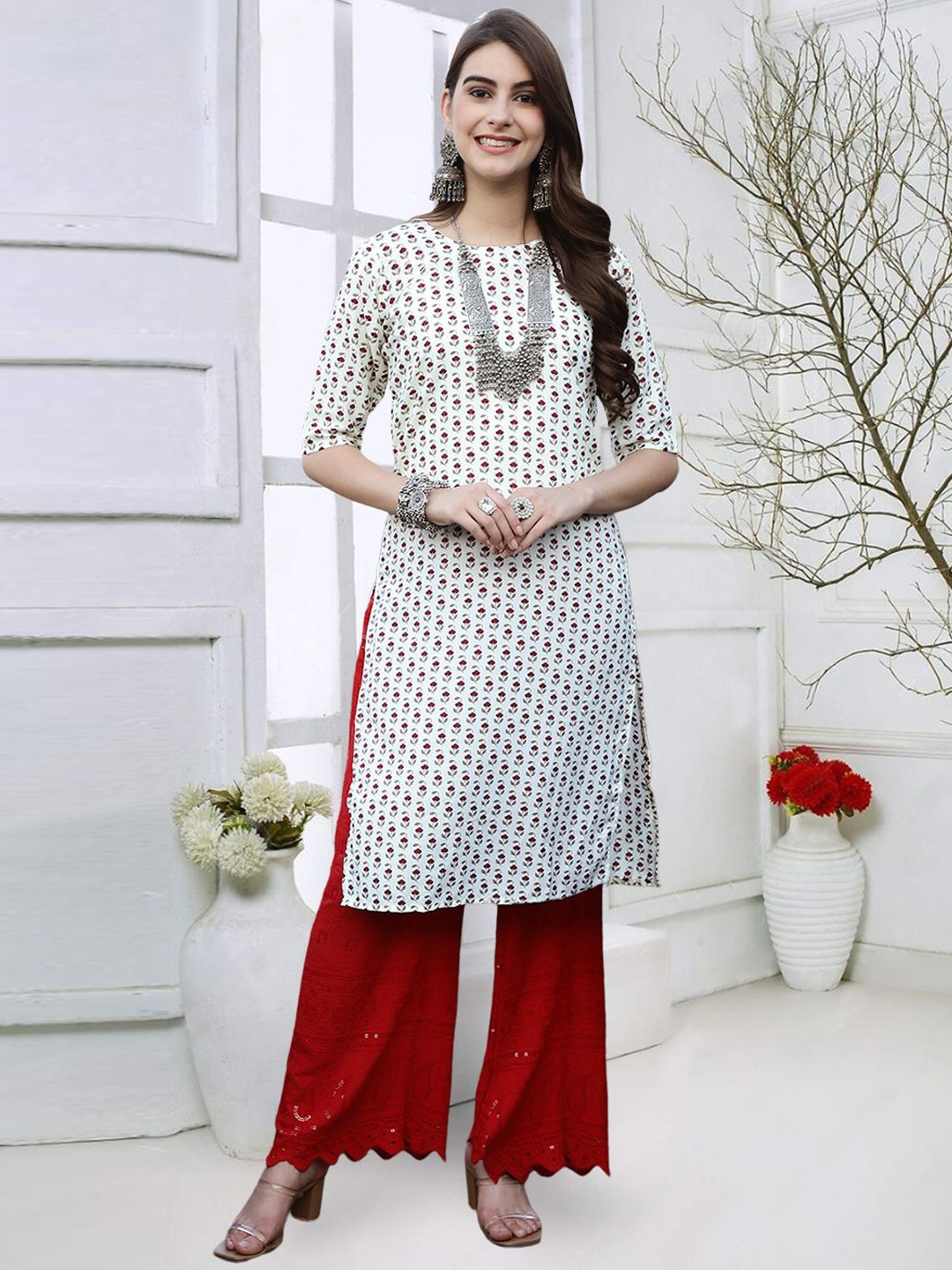 

7Threads Floral Printed Round Neck Straight Kurta, White