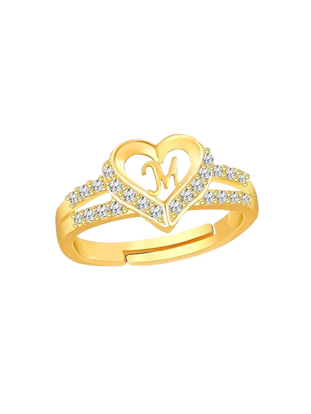 

Lila Gold-Plated Cubic Zirconia-Studded Heart Alphabet M Adjustable Finger Ring
